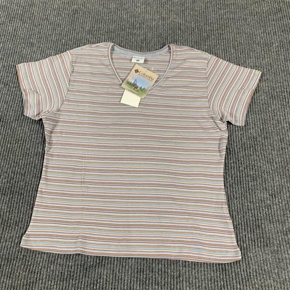 VTG Columbia Top Womens Extra Large‎ Striped Short Sleeve Retro V Neck Outdoors - Picture 1 of 12